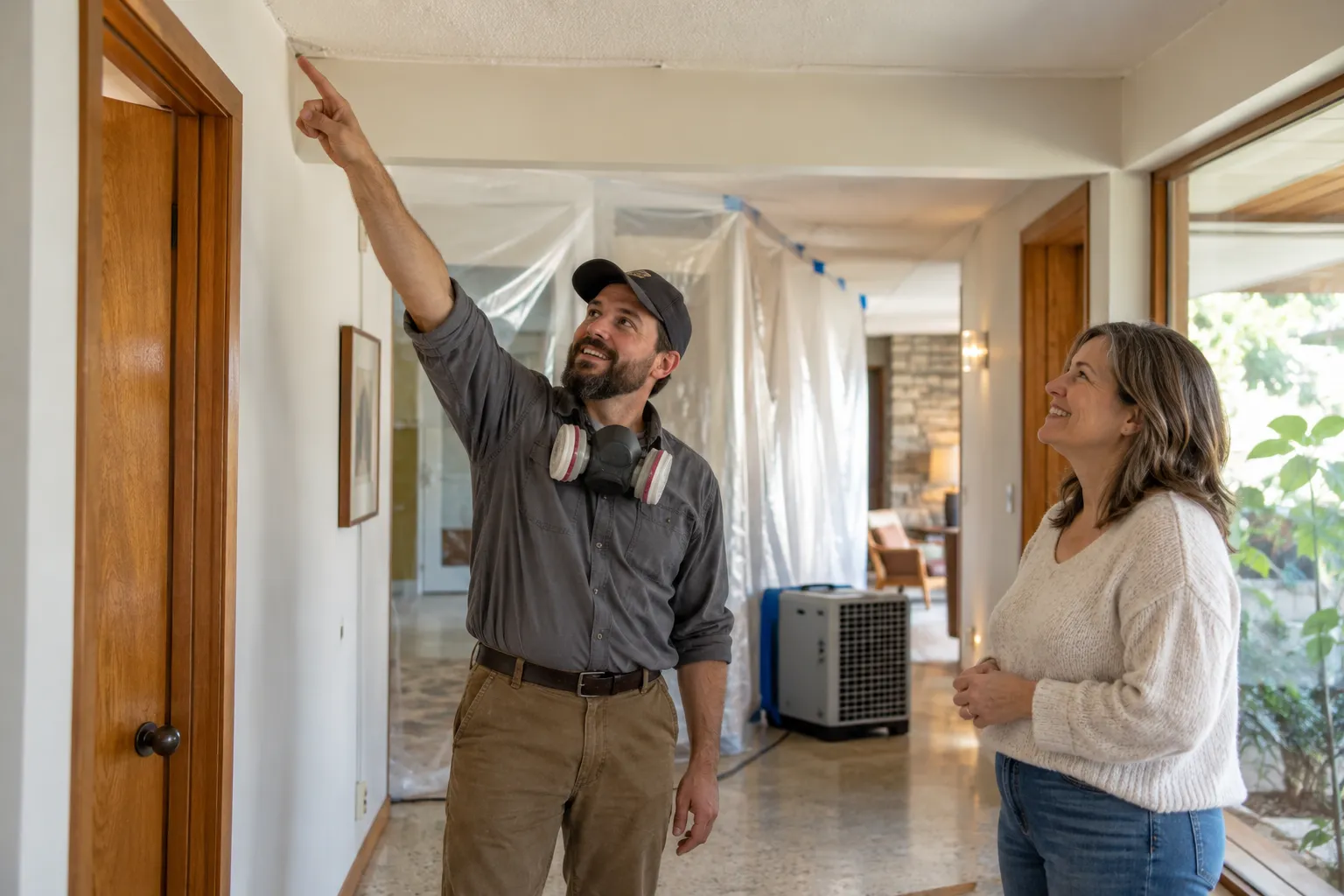 Friendly local mold remediation provider showing a homeowner a clean, repaired ceiling corner in a stucco ranch home in American Canyon
