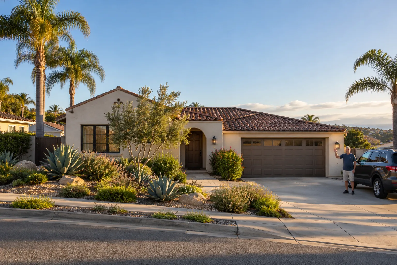 A stucco ranch home with a tidy yard in American Canyon